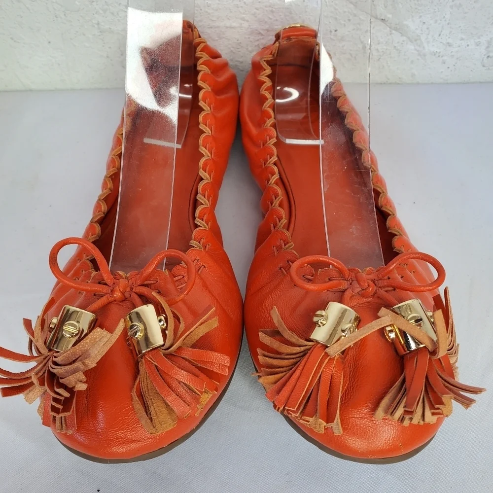 Tory Burch Reese Soft Orange Leather Stretch Bow Tassel Ballet Flats